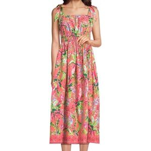 Lands End Textured Tie Shoulder Floral Midi Cotton Dress Sz L